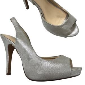 Lulu Townsend Silver Sparkle Sling Back Heels Womens 8 Peep Toe Wedding Shoes